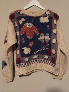 Vintage 90’s Woolrich Cream Knit Sweater with Cottage-core Sheep Motif- Size M